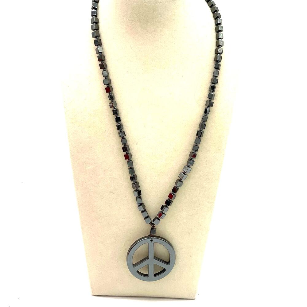Hematite Peace Sign Pendant Necklace 16"